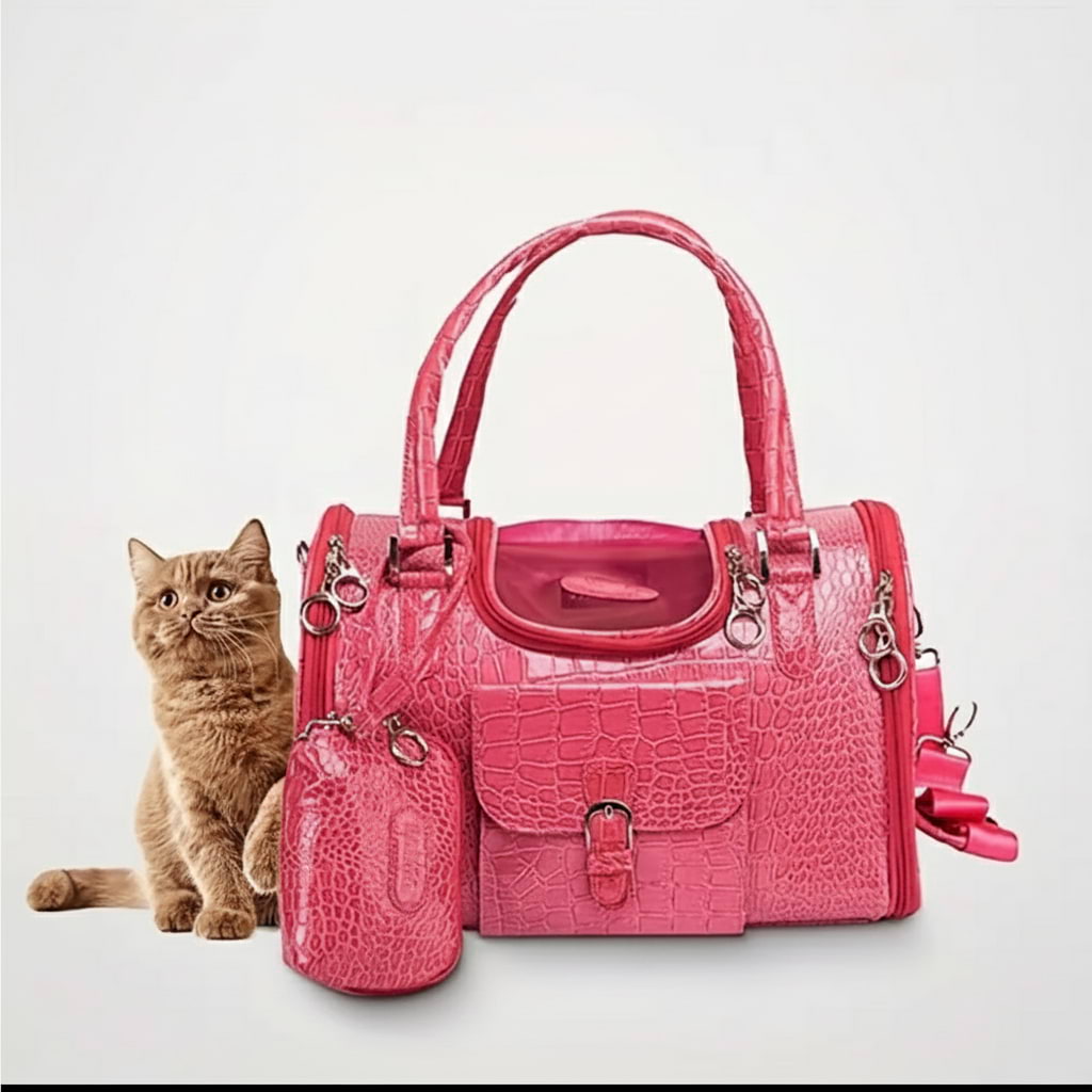 Dog Cat pet Carrier snakeskin pink vegan leather bag and pouch