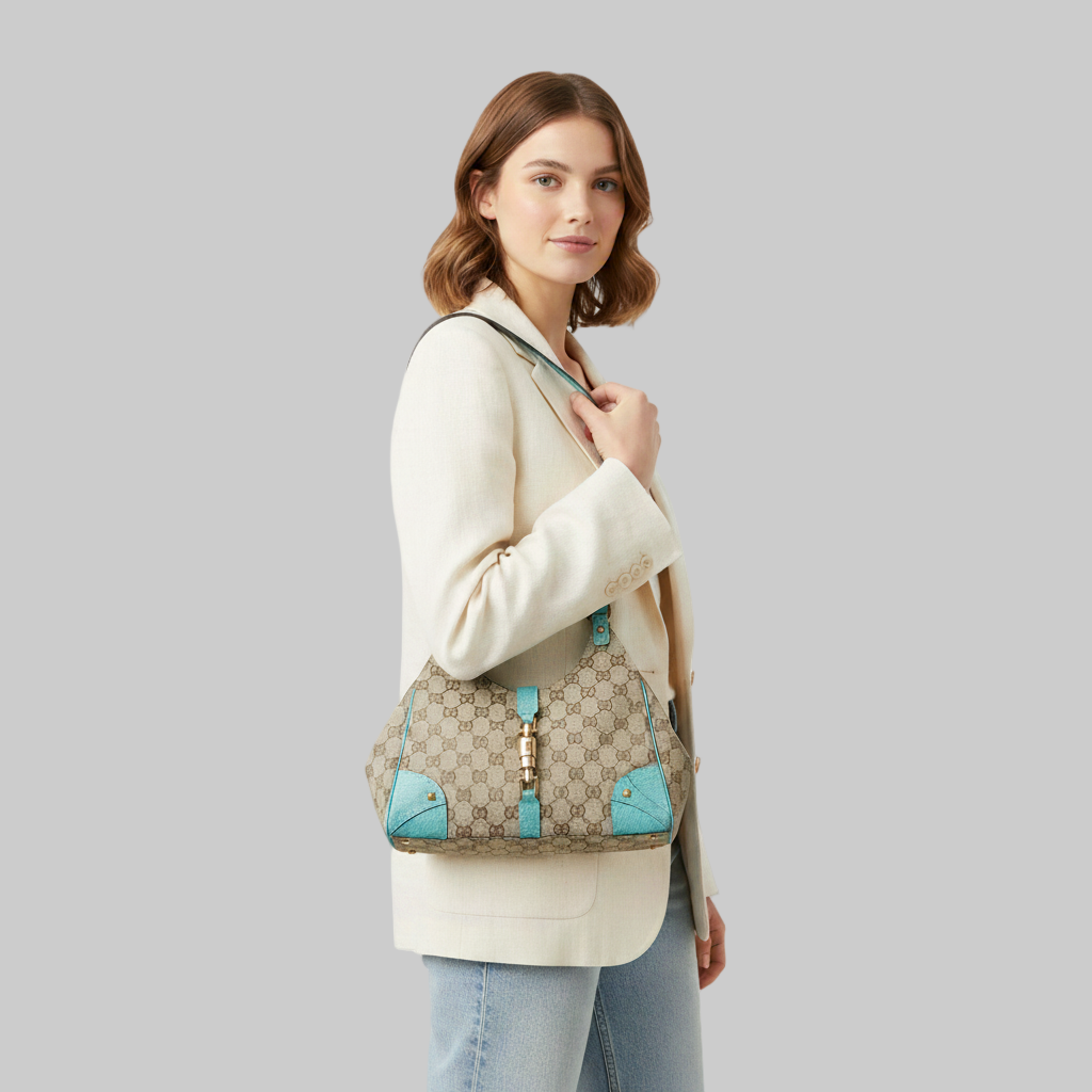 Gucci Bardot Tan and Aqua Shoulder Bag