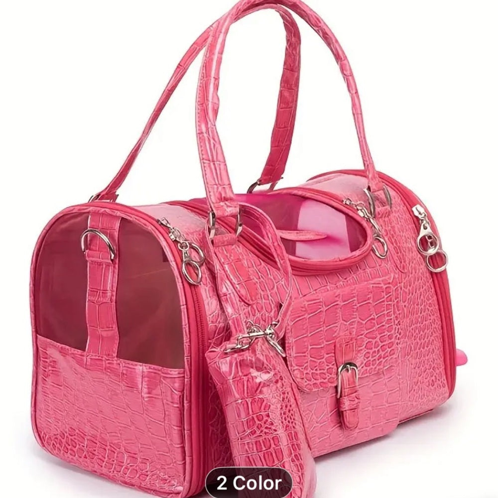 Dog Cat pet Carrier snakeskin pink vegan leather bag and pouch