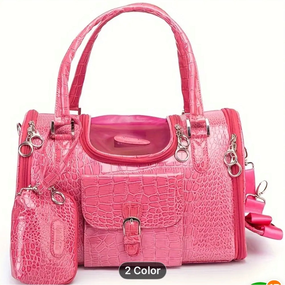 Dog Cat pet Carrier snakeskin pink vegan leather bag and pouch
